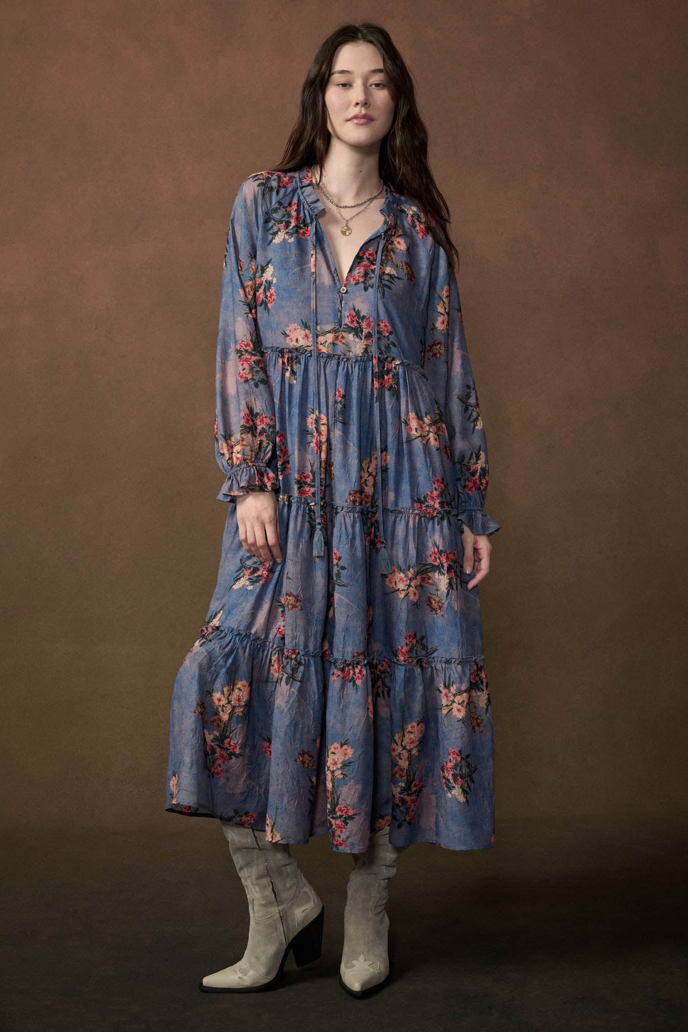 Petal Sky Floral-Print Tiered Midi Prairie Dress - ShopPromesa