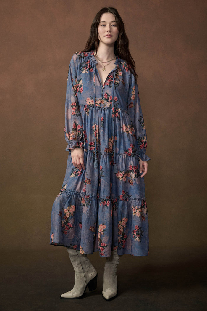 Petal Sky Floral-Print Tiered Midi Prairie Dress - ShopPromesa