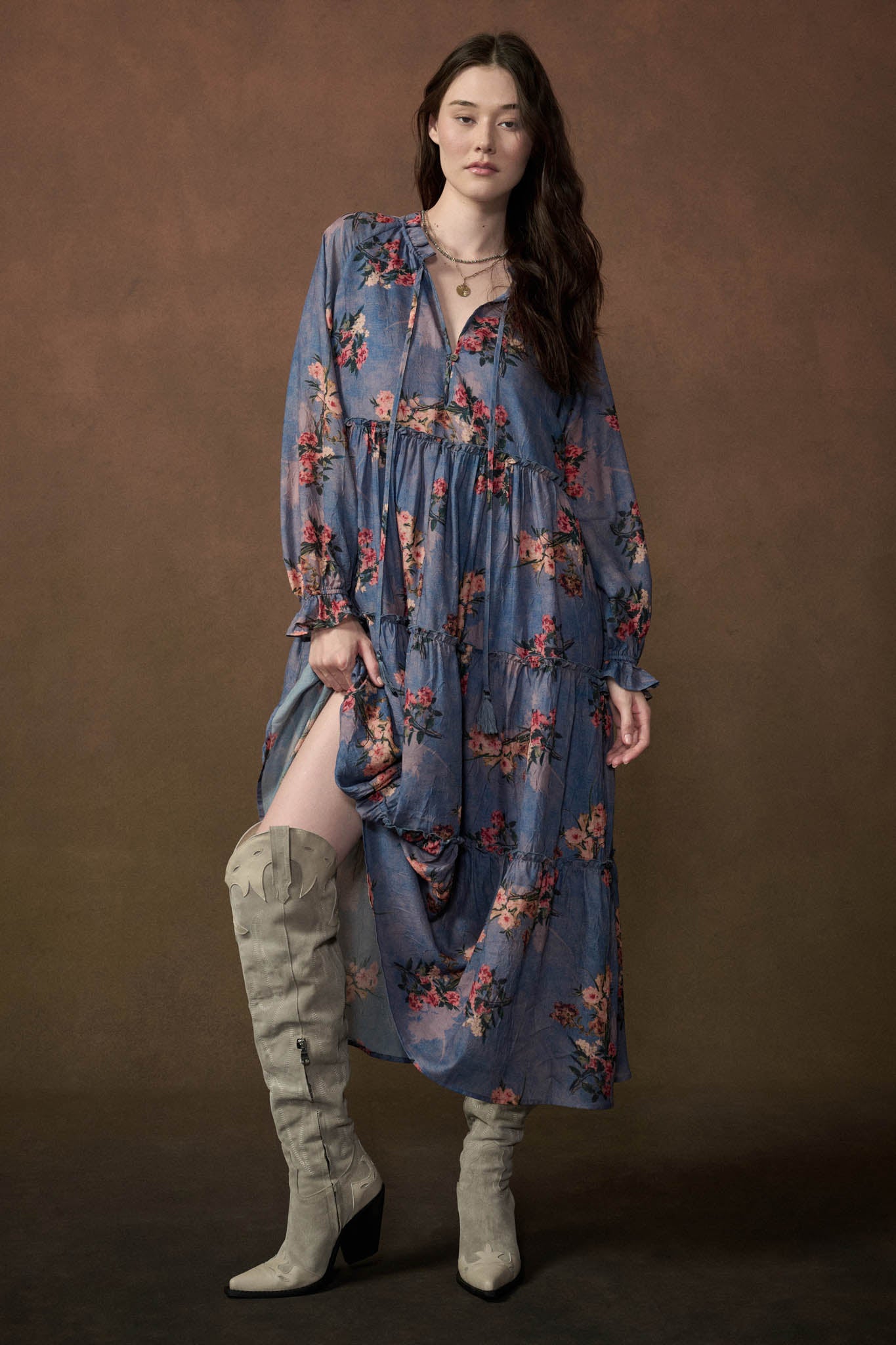 Petal Sky Floral-Print Tiered Midi Prairie Dress - ShopPromesa