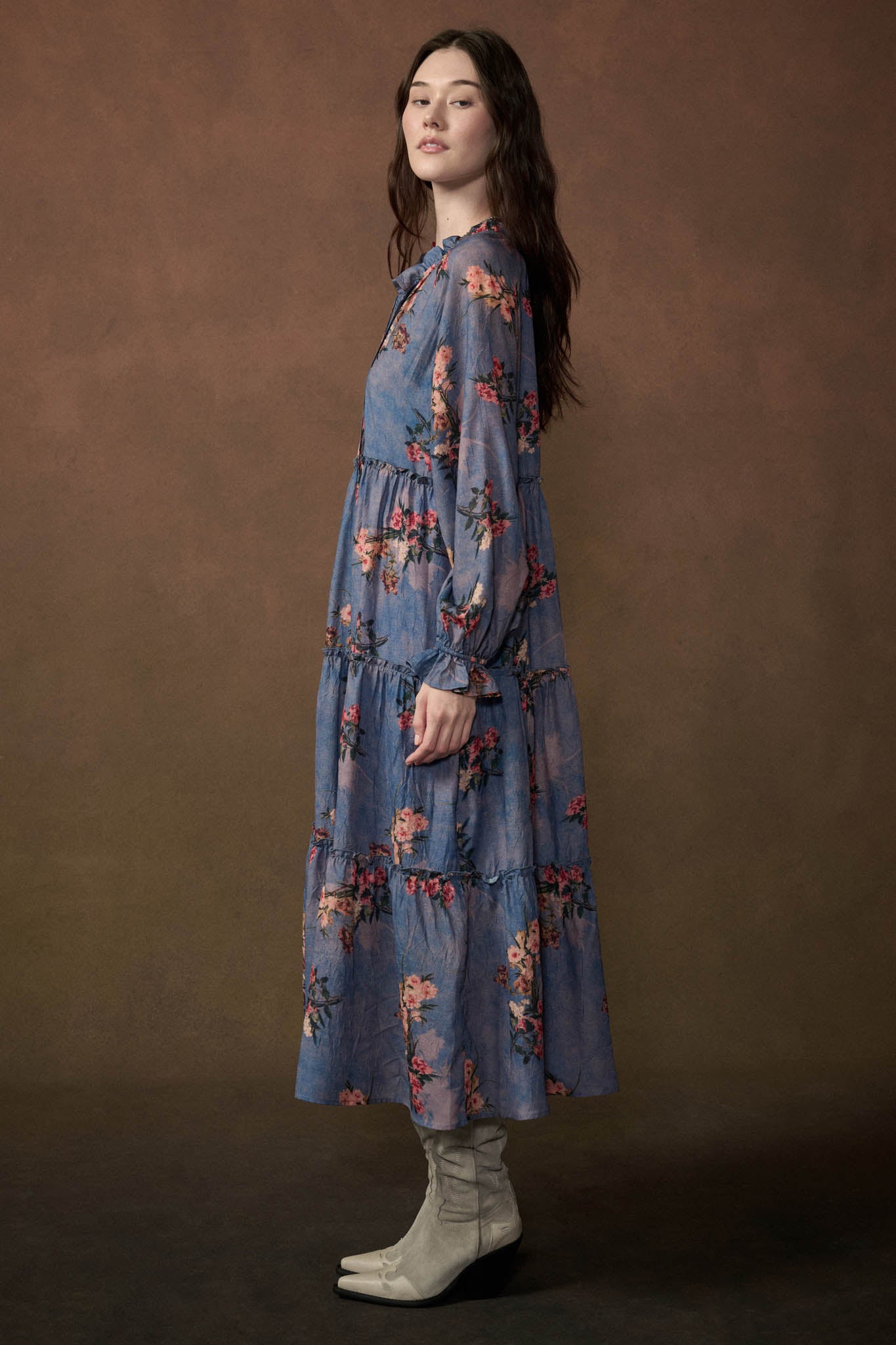 Petal Sky Floral-Print Tiered Midi Prairie Dress - ShopPromesa