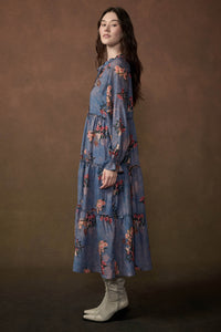 Petal Sky Floral-Print Tiered Midi Prairie Dress - ShopPromesa