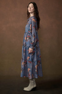 Petal Sky Floral-Print Tiered Midi Prairie Dress - ShopPromesa