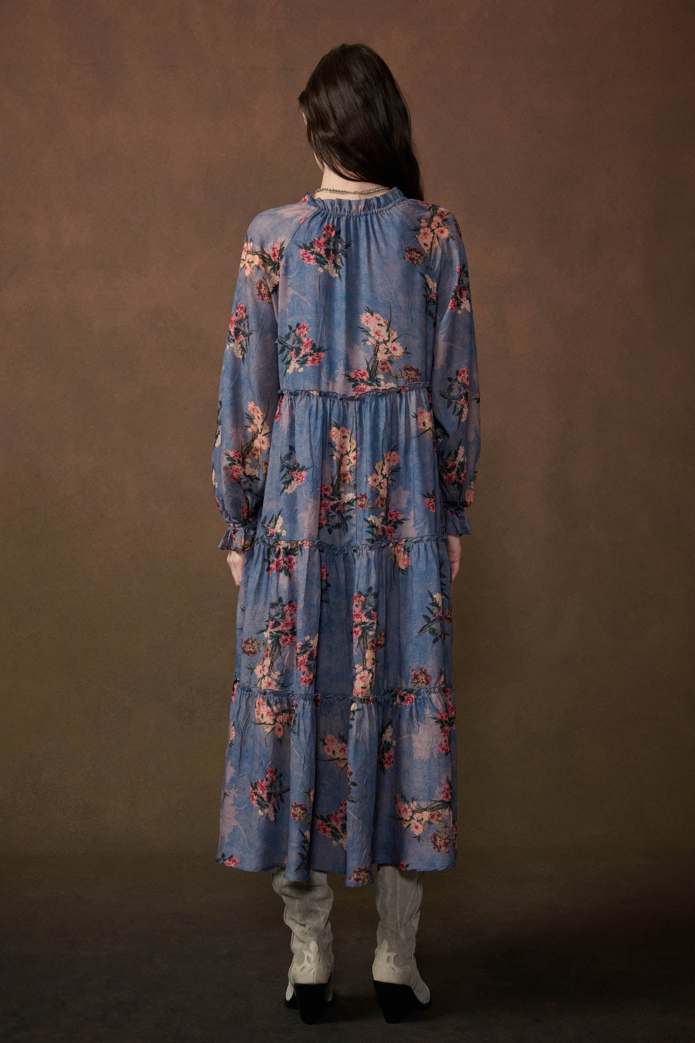 Petal Sky Floral-Print Tiered Midi Prairie Dress - ShopPromesa