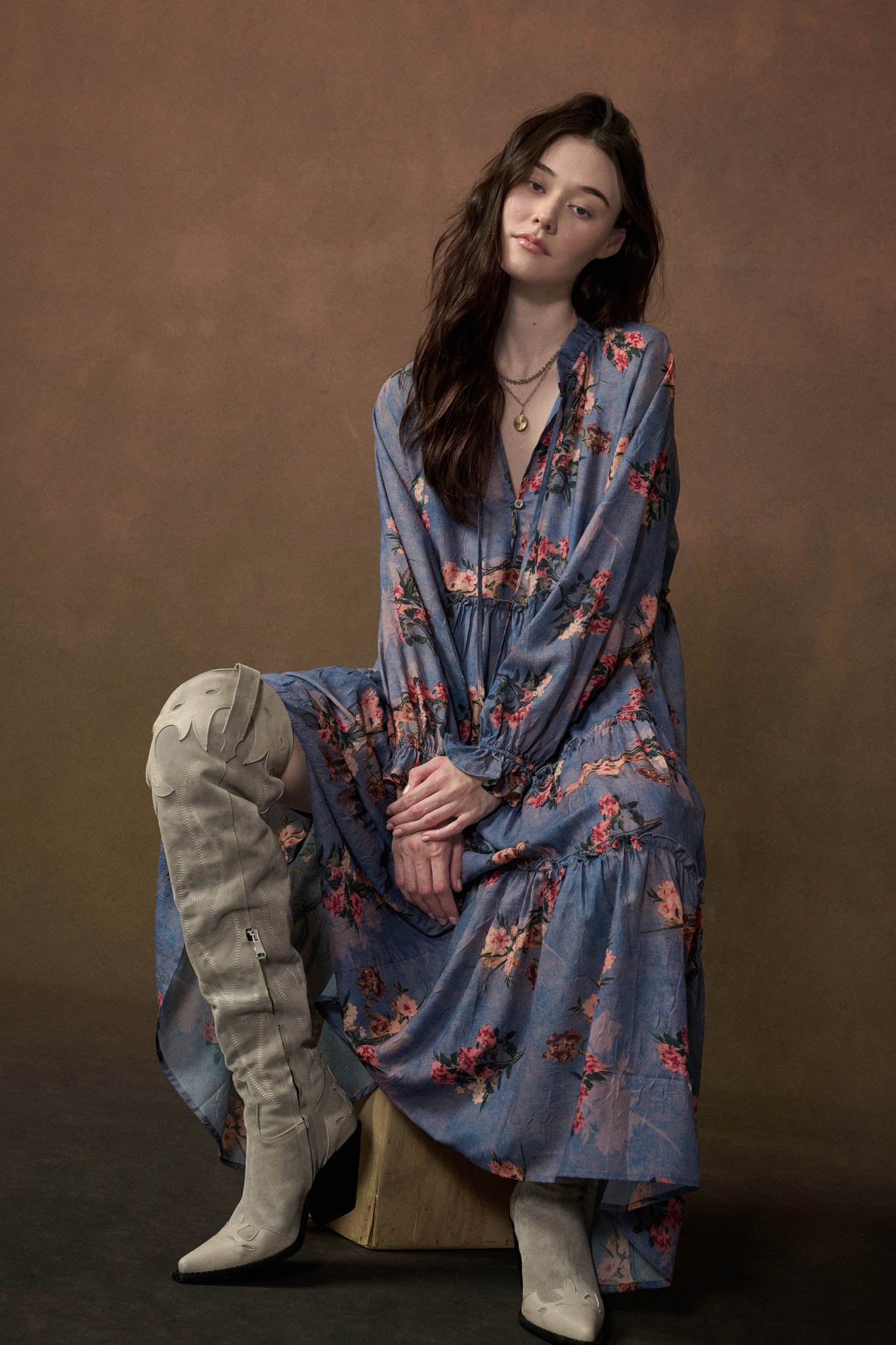 Petal Sky Floral-Print Tiered Midi Prairie Dress