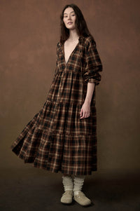 Plaid Dreams Tiered Long-Sleeve Midi Prairie Dress - ShopPromesa