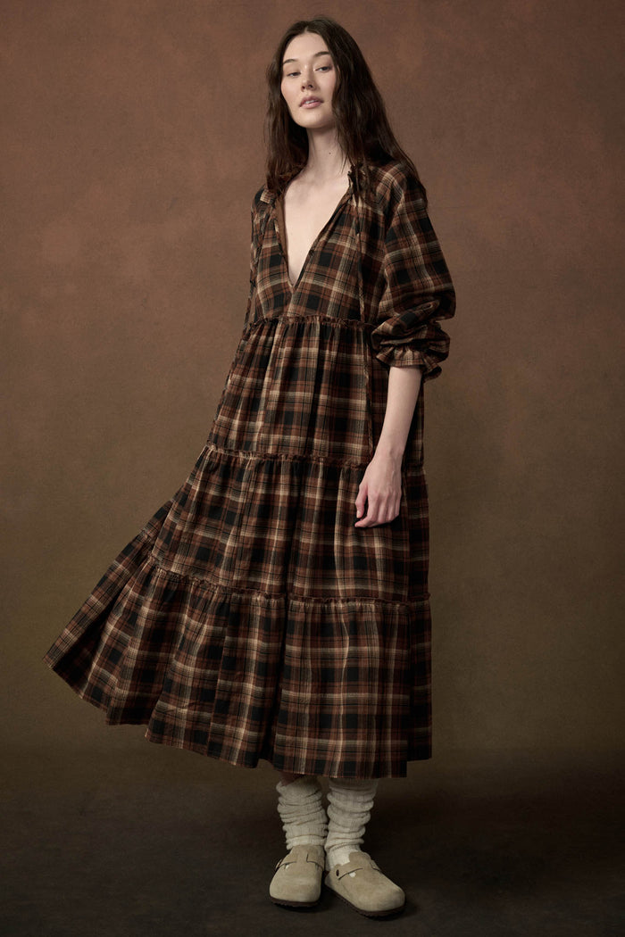 Plaid Dreams Tiered Long-Sleeve Midi Prairie Dress - ShopPromesa