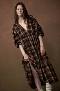 Plaid Dreams Tiered Long-Sleeve Midi Prairie Dress - ShopPromesa