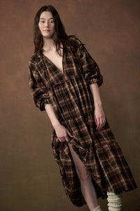 Plaid Dreams Tiered Long-Sleeve Midi Prairie Dress - ShopPromesa