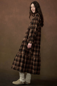 Plaid Dreams Tiered Long-Sleeve Midi Prairie Dress - ShopPromesa
