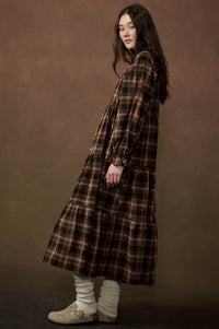 Plaid Dreams Tiered Long-Sleeve Midi Prairie Dress - ShopPromesa