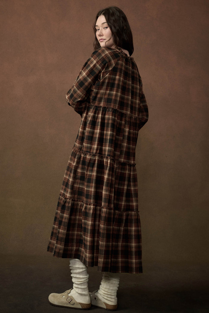 Plaid Dreams Tiered Long-Sleeve Midi Prairie Dress - ShopPromesa