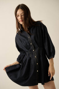 Blue Jean Baby Pleated Button-Up Mini Shirt Dress - ShopPromesa