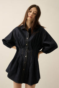 Blue Jean Baby Pleated Button-Up Mini Shirt Dress - ShopPromesa
