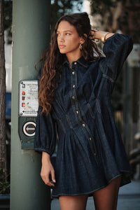 Blue Jean Baby Pleated Button-Up Mini Shirt Dress - ShopPromesa