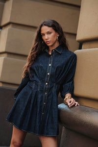 Blue Jean Baby Pleated Button-Up Mini Shirt Dress - ShopPromesa