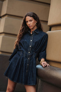 Blue Jean Baby Pleated Button-Up Mini Shirt Dress - ShopPromesa