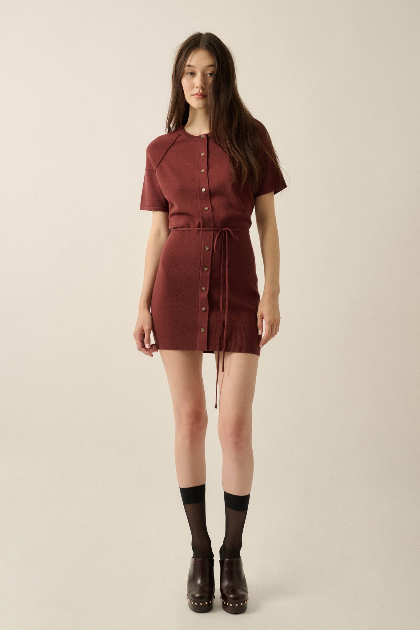 Clean Slate Knit Button-Up Belted Mini Sweater Dress - ShopPromesa