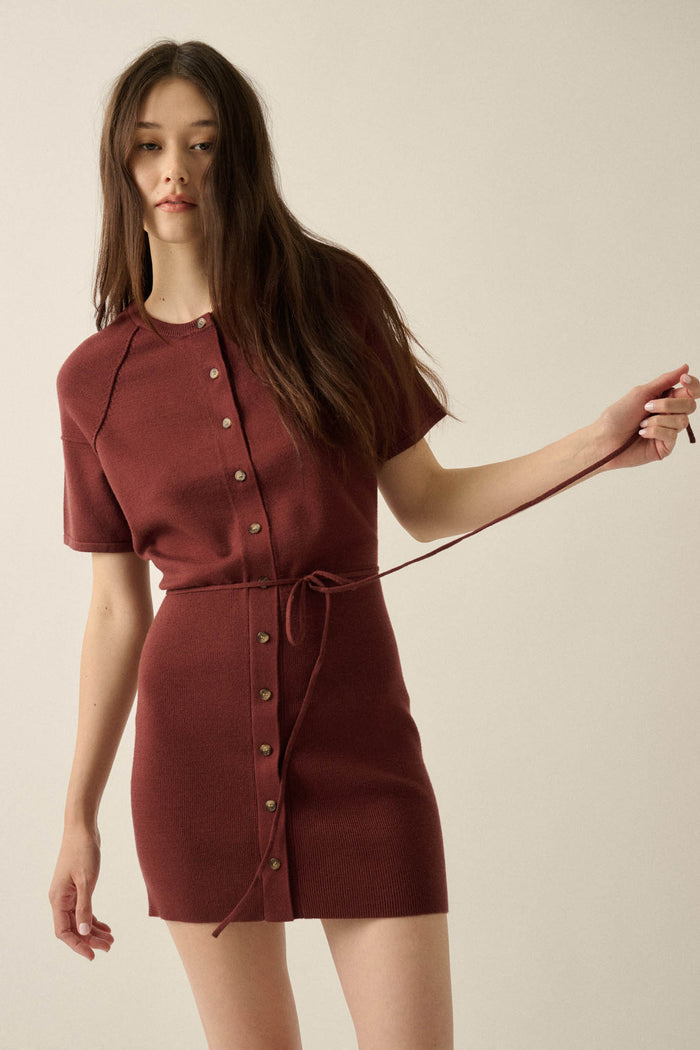 Clean Slate Knit Button-Up Belted Mini Sweater Dress - ShopPromesa