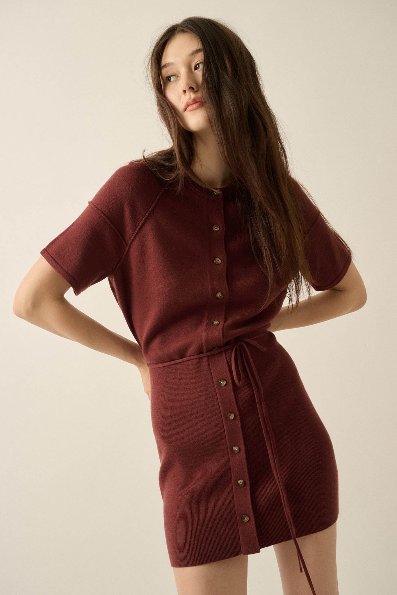 Clean Slate Knit Button-Up Belted Mini Sweater Dress - ShopPromesa