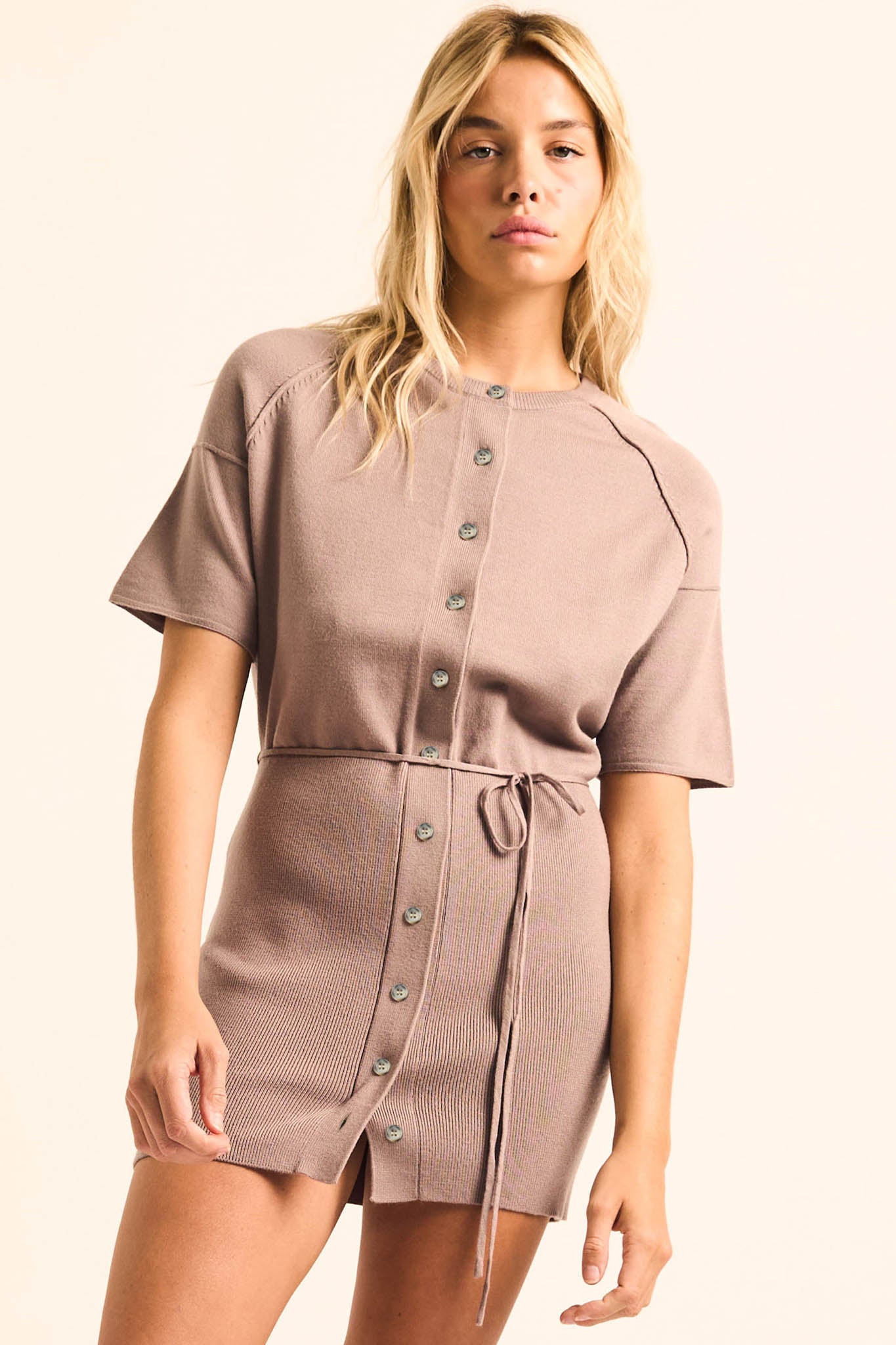 Clean Slate Knit Button-Up Belted Mini Sweater Dress - ShopPromesa