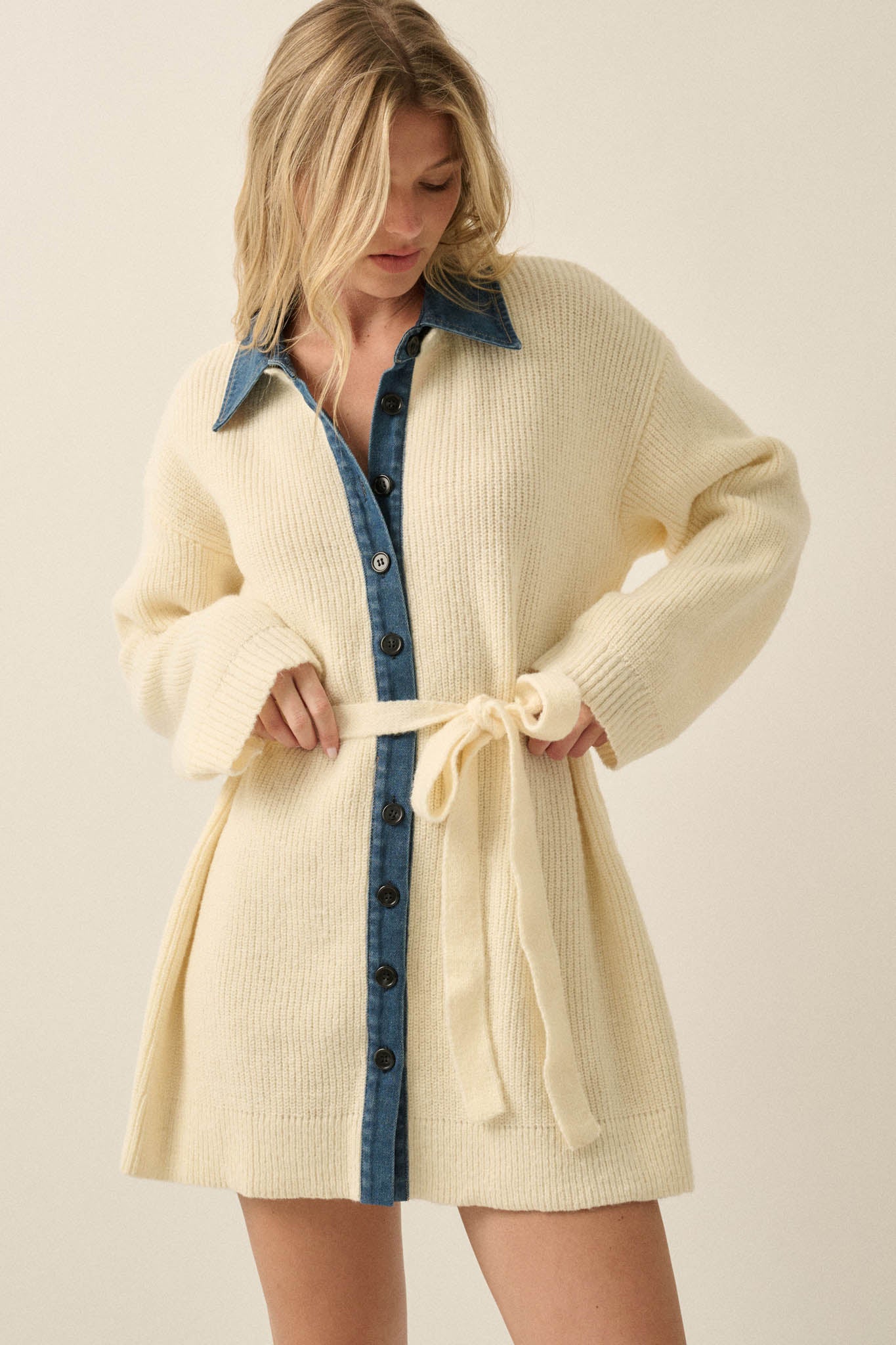Go Easy Ribbed Knit and Denim Mini Sweater Dress - ShopPromesa