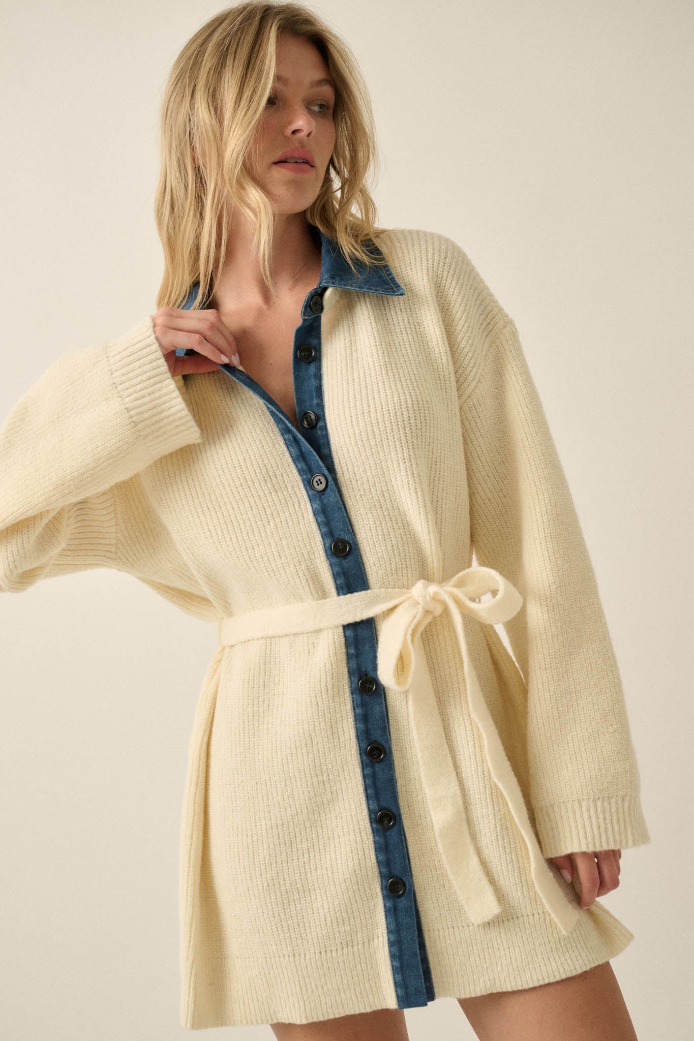 Go Easy Ribbed Knit and Denim Mini Sweater Dress - ShopPromesa