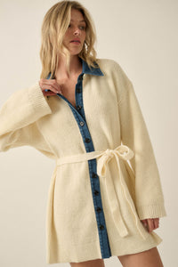 Go Easy Ribbed Knit and Denim Mini Sweater Dress - ShopPromesa
