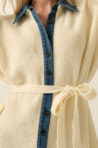Go Easy Ribbed Knit and Denim Mini Sweater Dress - ShopPromesa