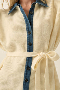 Go Easy Ribbed Knit and Denim Mini Sweater Dress - ShopPromesa