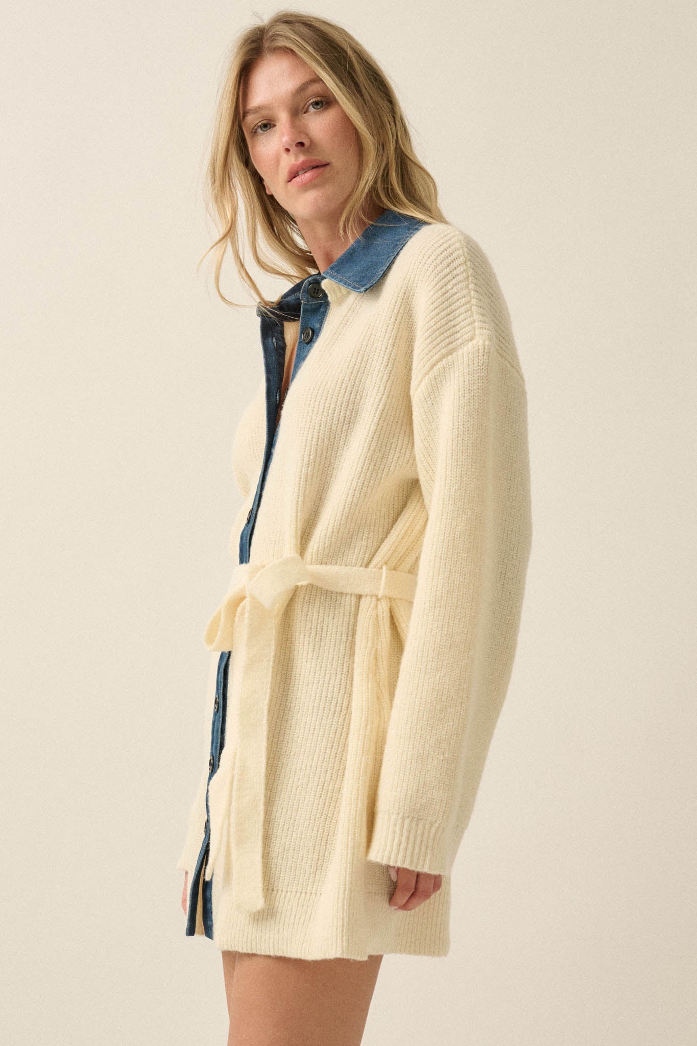Go Easy Ribbed Knit and Denim Mini Sweater Dress - ShopPromesa