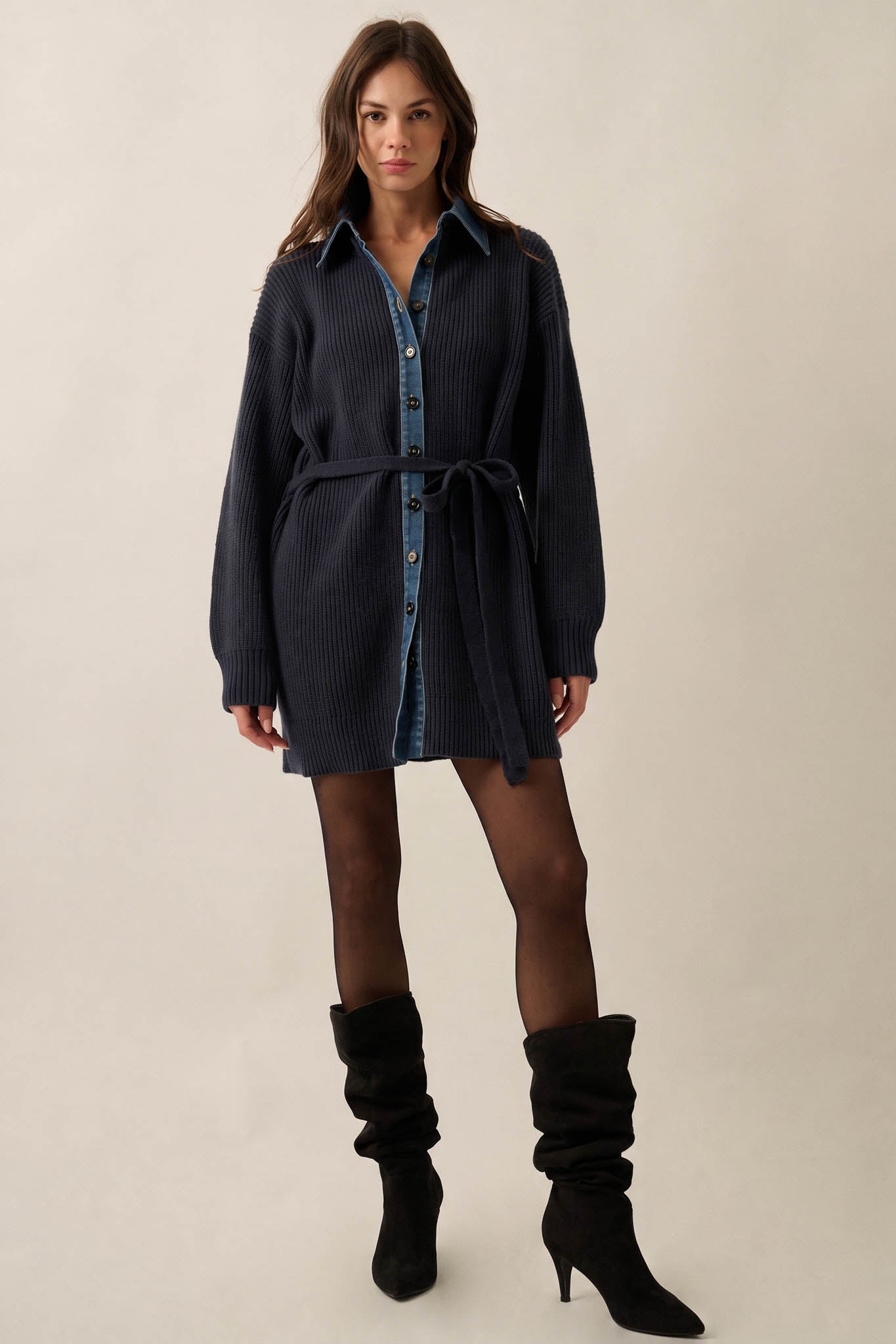 Go Easy Ribbed Knit and Denim Mini Sweater Dress