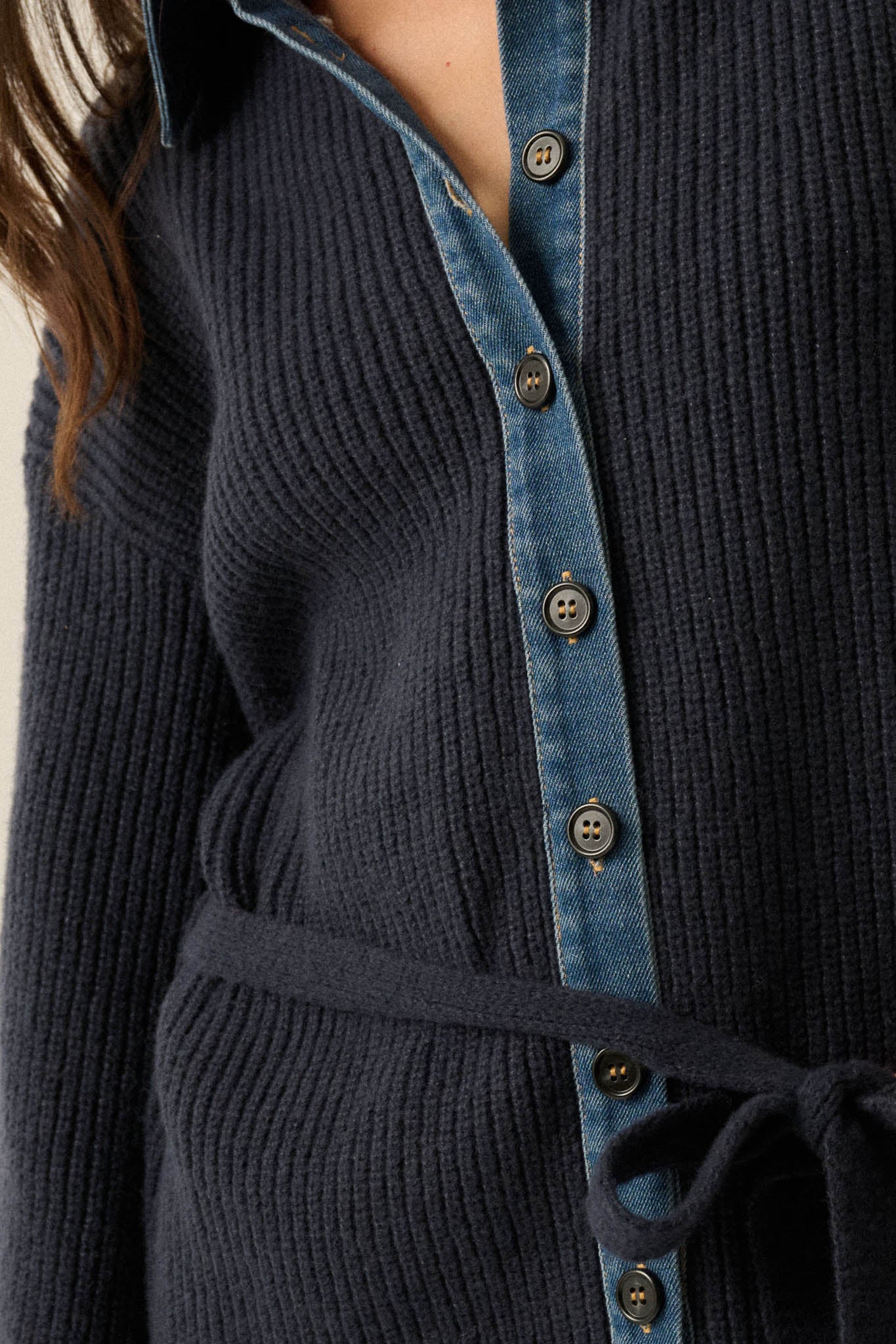 Go Easy Ribbed Knit and Denim Mini Sweater Dress - ShopPromesa