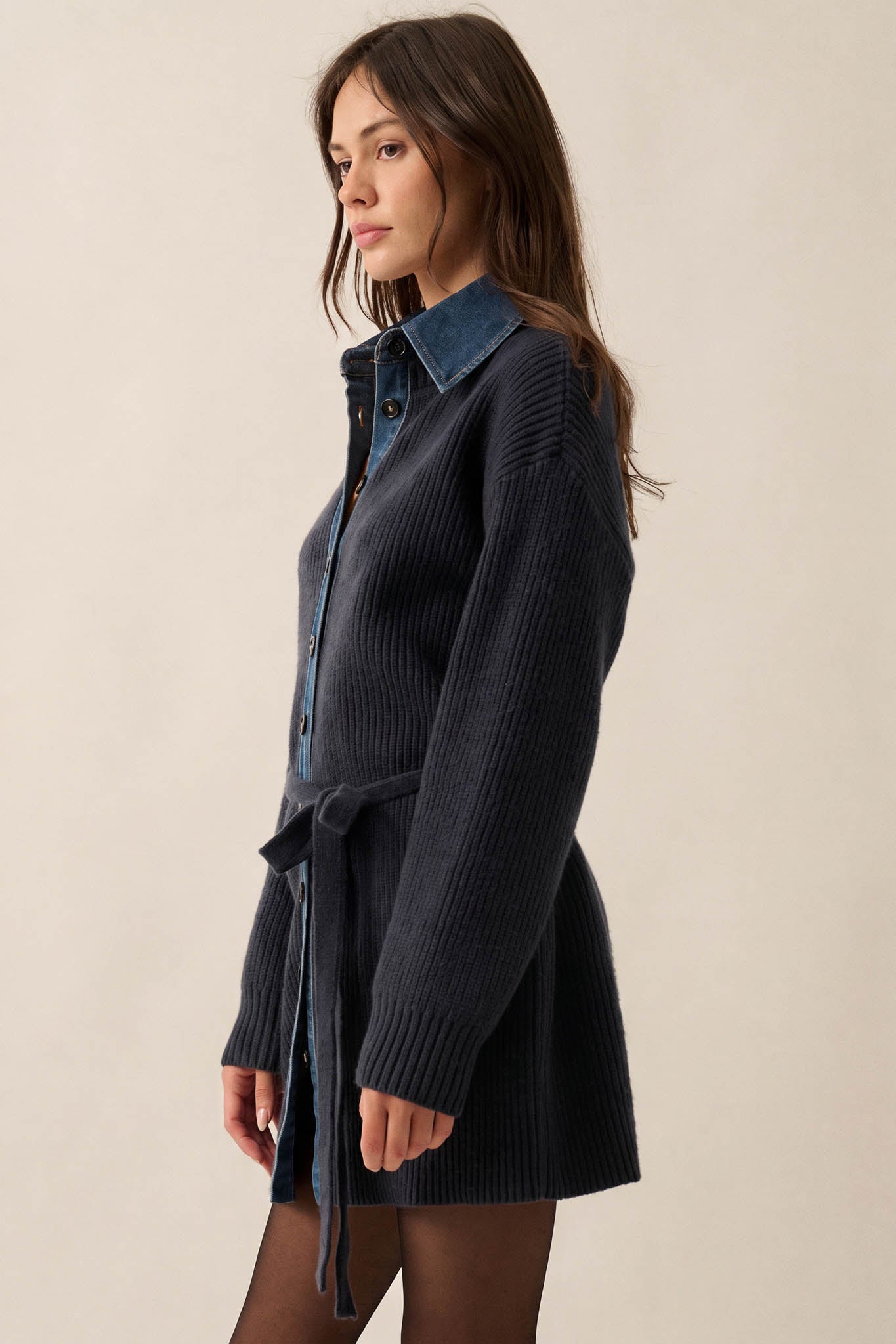 Go Easy Ribbed Knit and Denim Mini Sweater Dress