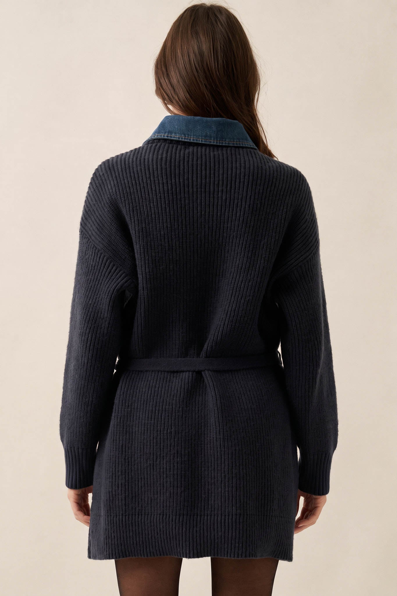 Go Easy Ribbed Knit and Denim Mini Sweater Dress