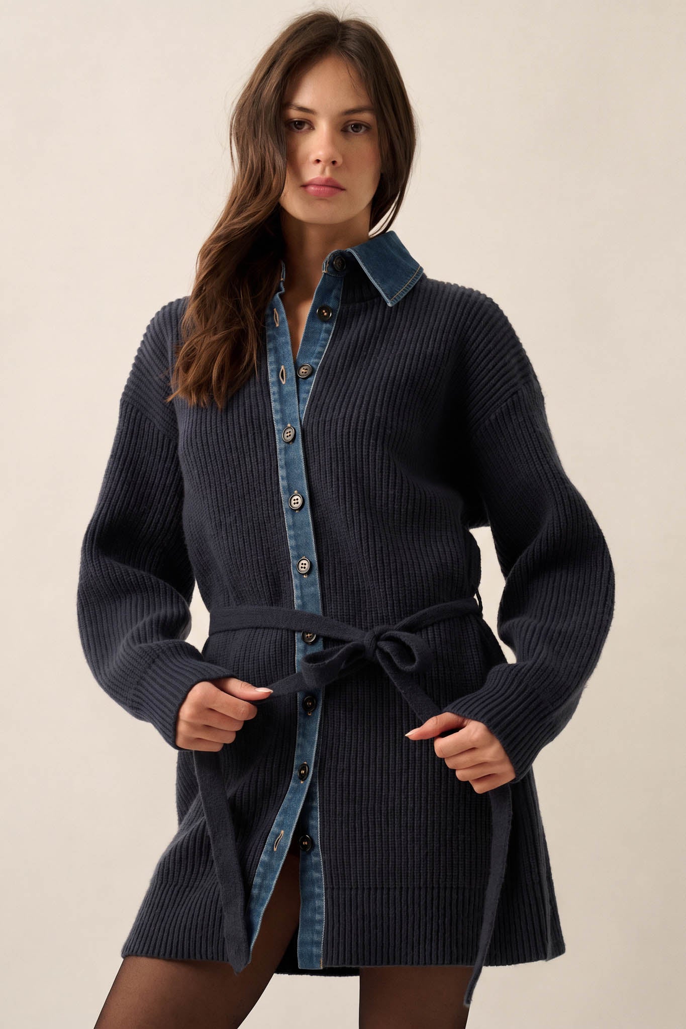 Go Easy Ribbed Knit and Denim Mini Sweater Dress