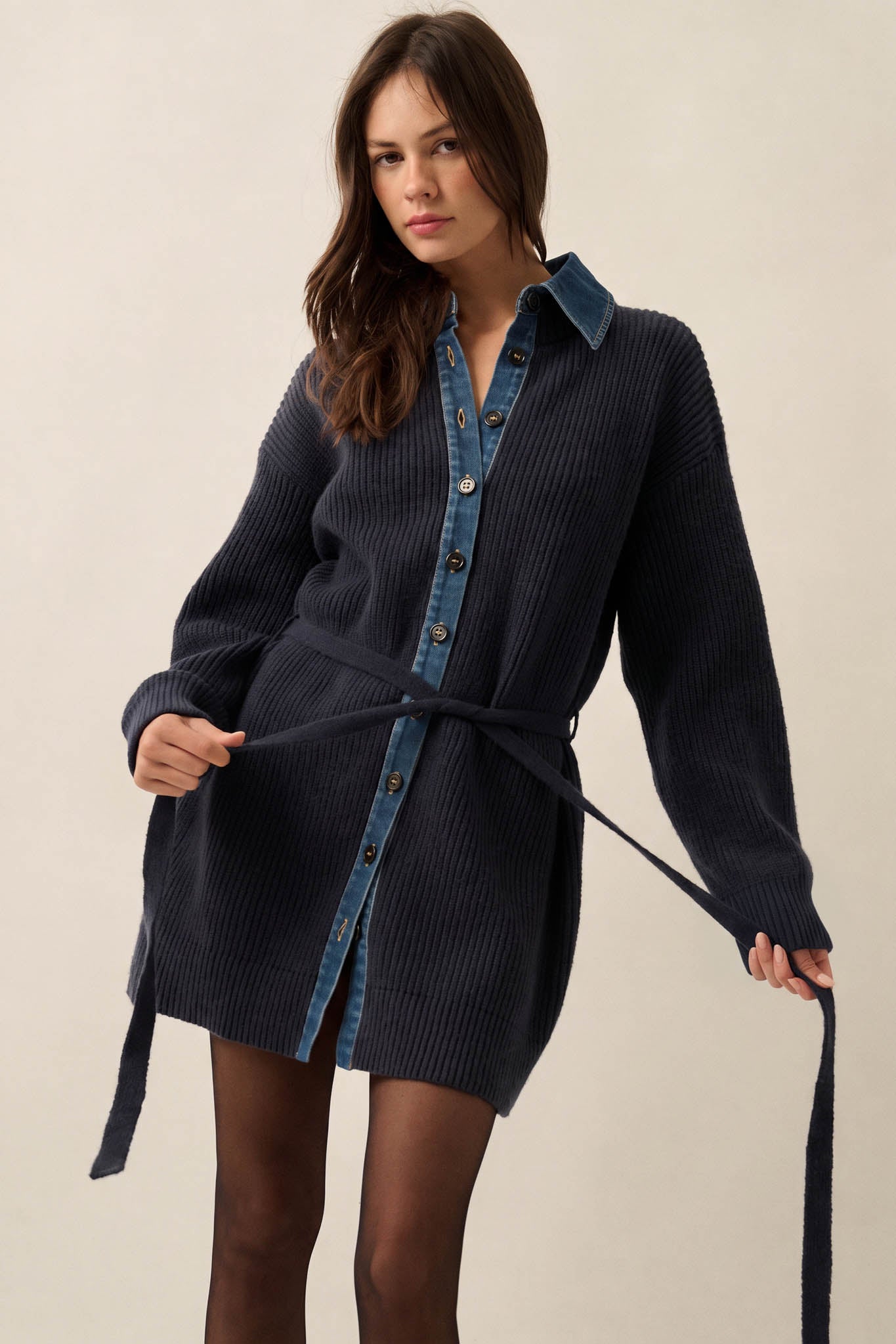 Go Easy Ribbed Knit and Denim Mini Sweater Dress