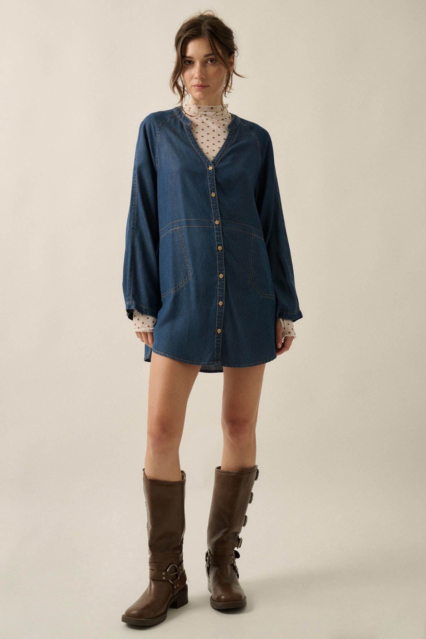 Monday Blues Denim V-Neck Pocket Mini Shirt Dress - ShopPromesa