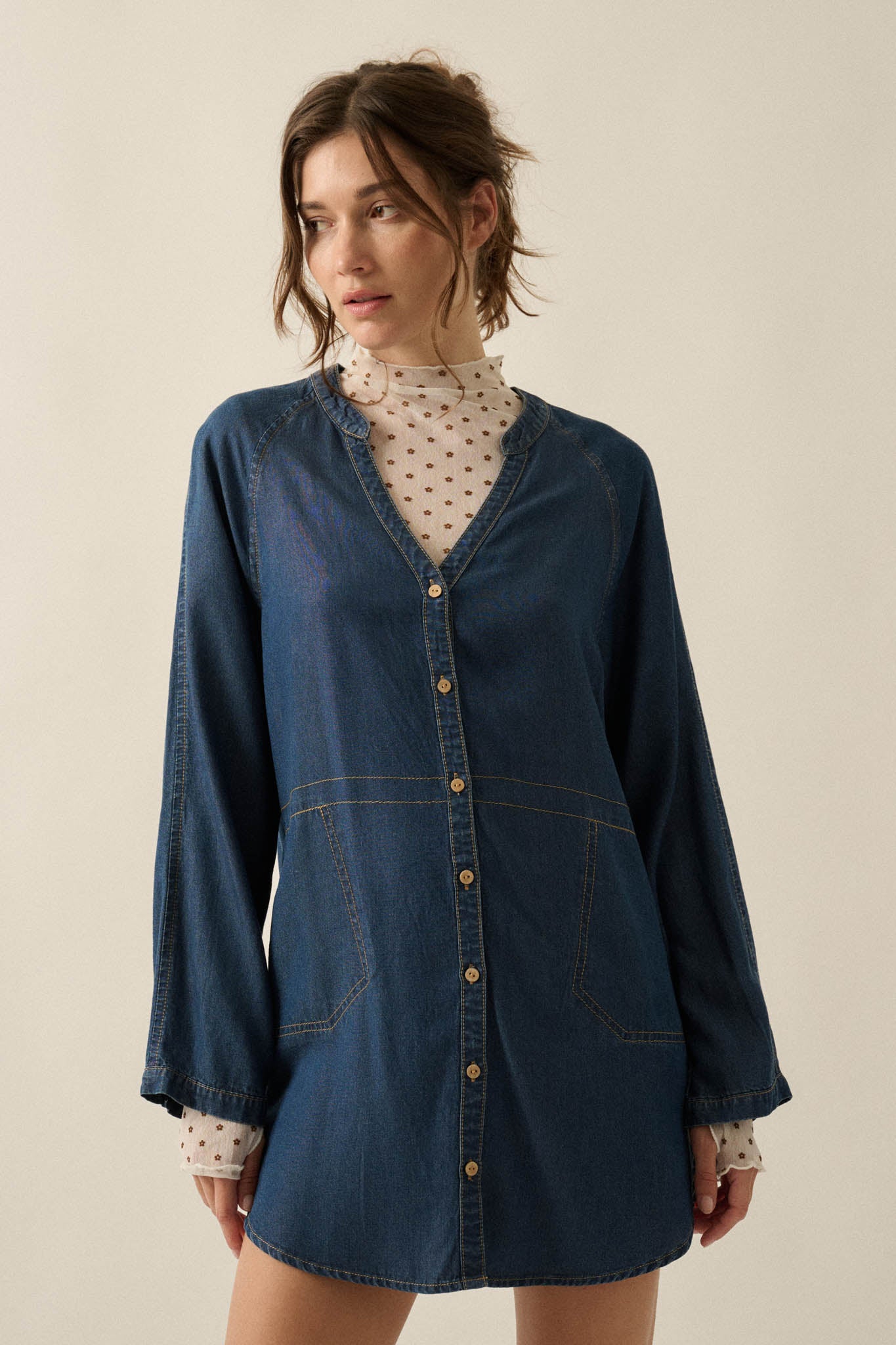 Monday Blues Denim V-Neck Pocket Mini Shirt Dress - ShopPromesa