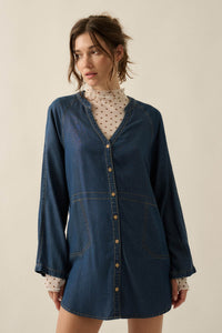 Monday Blues Denim V-Neck Pocket Mini Shirt Dress - ShopPromesa