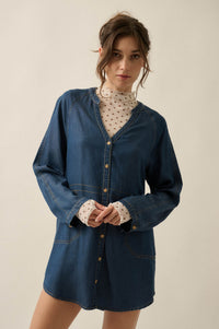 Monday Blues Denim V-Neck Pocket Mini Shirt Dress - ShopPromesa