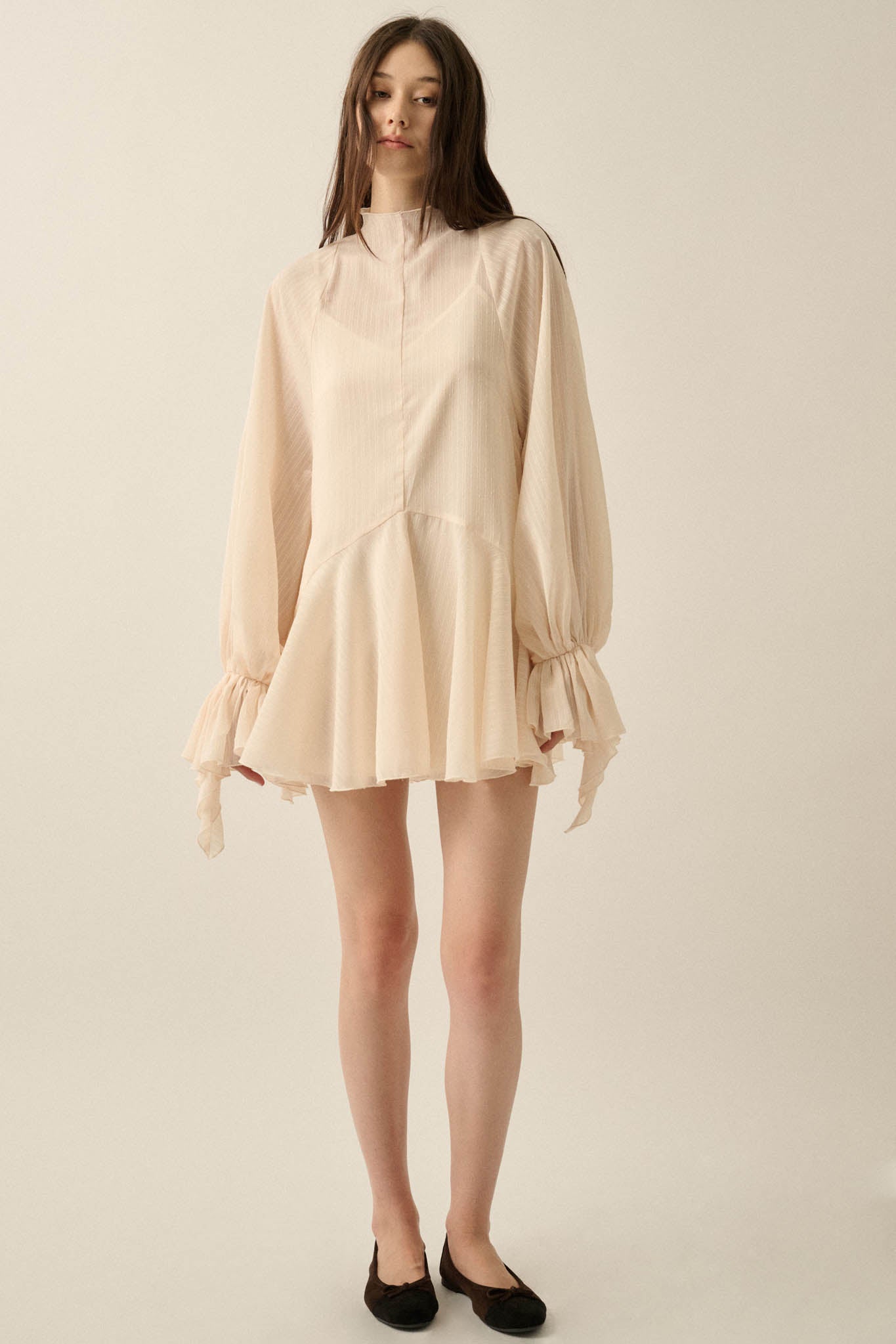 At Last Striped Chiffon Bishop-Sleeve Layered Mini Dress - ShopPromesa