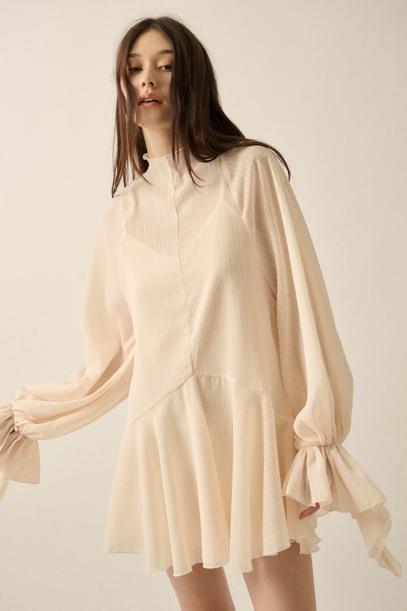 At Last Striped Chiffon Bishop-Sleeve Layered Mini Dress - ShopPromesa