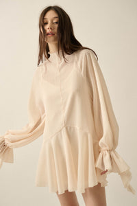 At Last Striped Chiffon Bishop-Sleeve Layered Mini Dress - ShopPromesa