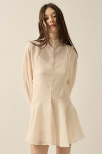 At Last Striped Chiffon Bishop-Sleeve Layered Mini Dress - ShopPromesa