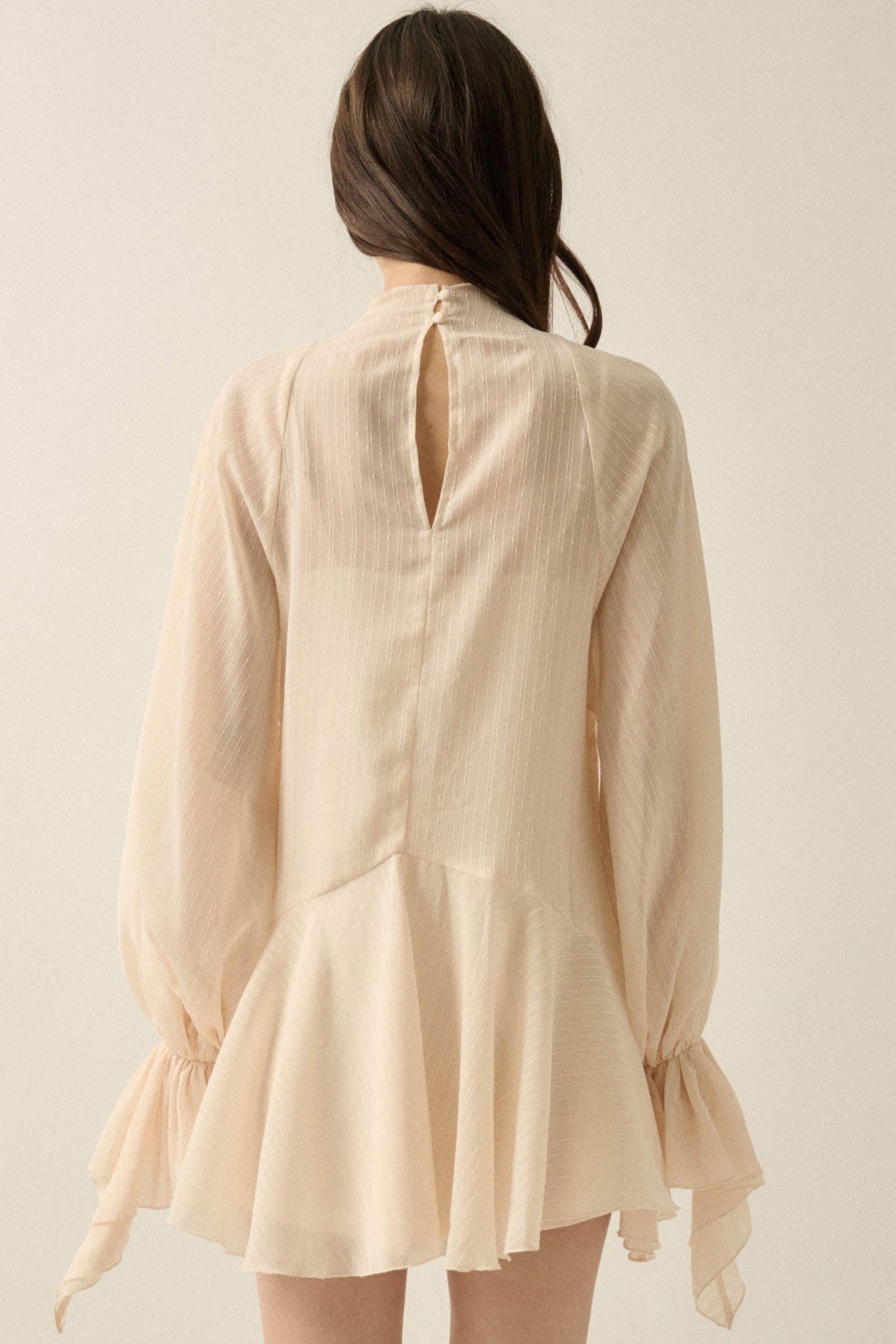 At Last Striped Chiffon Bishop-Sleeve Layered Mini Dress - ShopPromesa