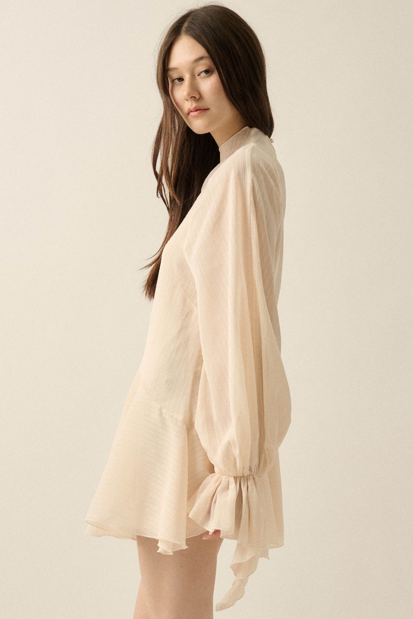 At Last Striped Chiffon Bishop-Sleeve Layered Mini Dress - ShopPromesa