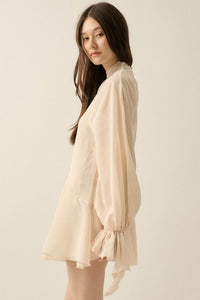 At Last Striped Chiffon Bishop-Sleeve Layered Mini Dress - ShopPromesa