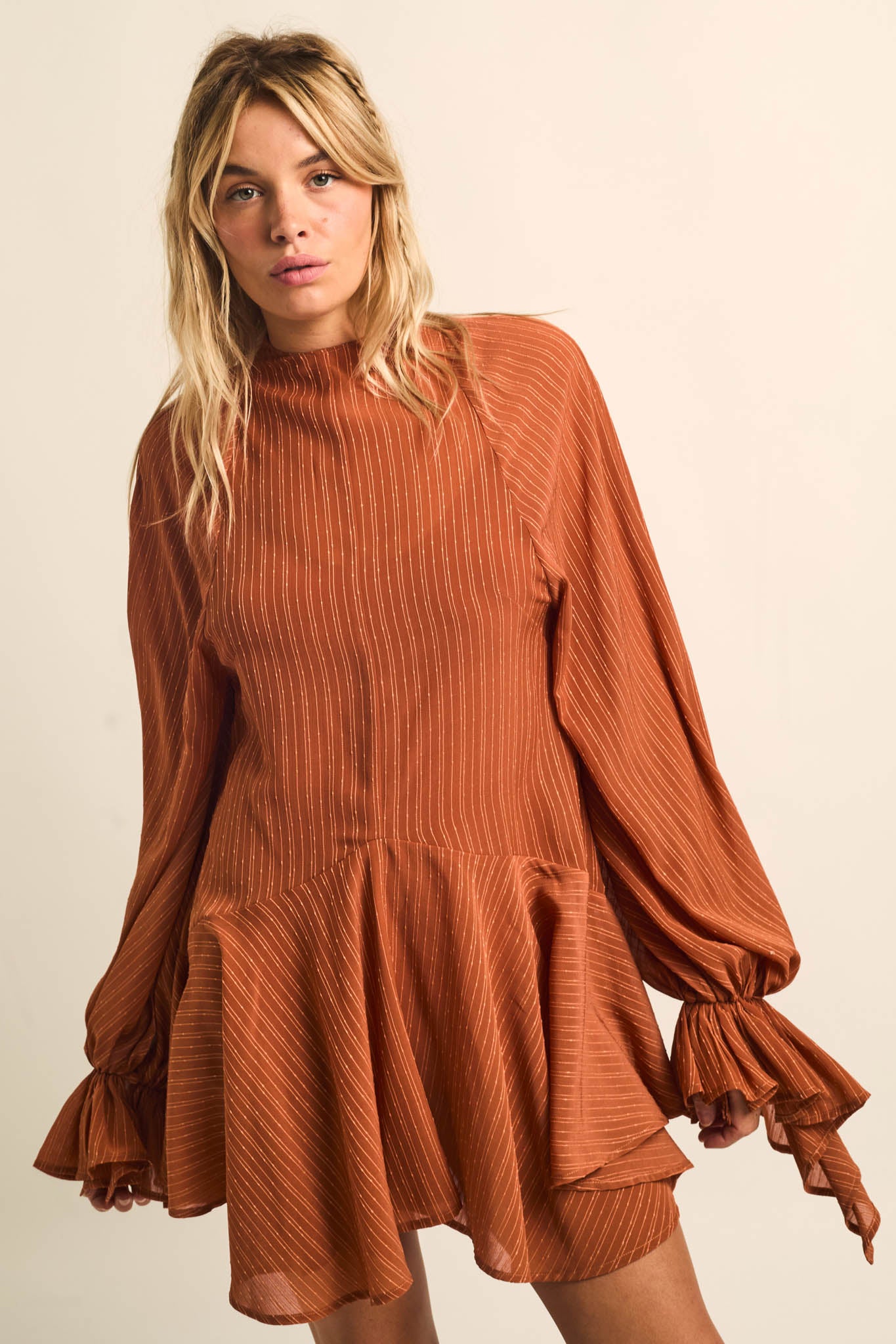 At Last Striped Chiffon Bishop-Sleeve Layered Mini Dress - ShopPromesa
