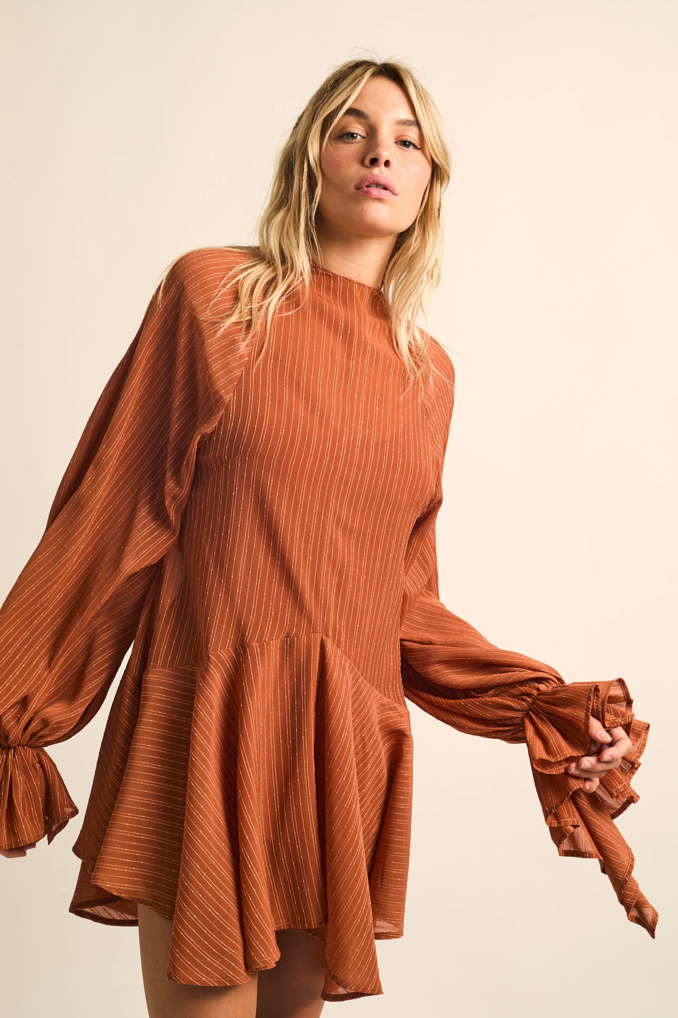 At Last Striped Chiffon Bishop-Sleeve Layered Mini Dress - ShopPromesa