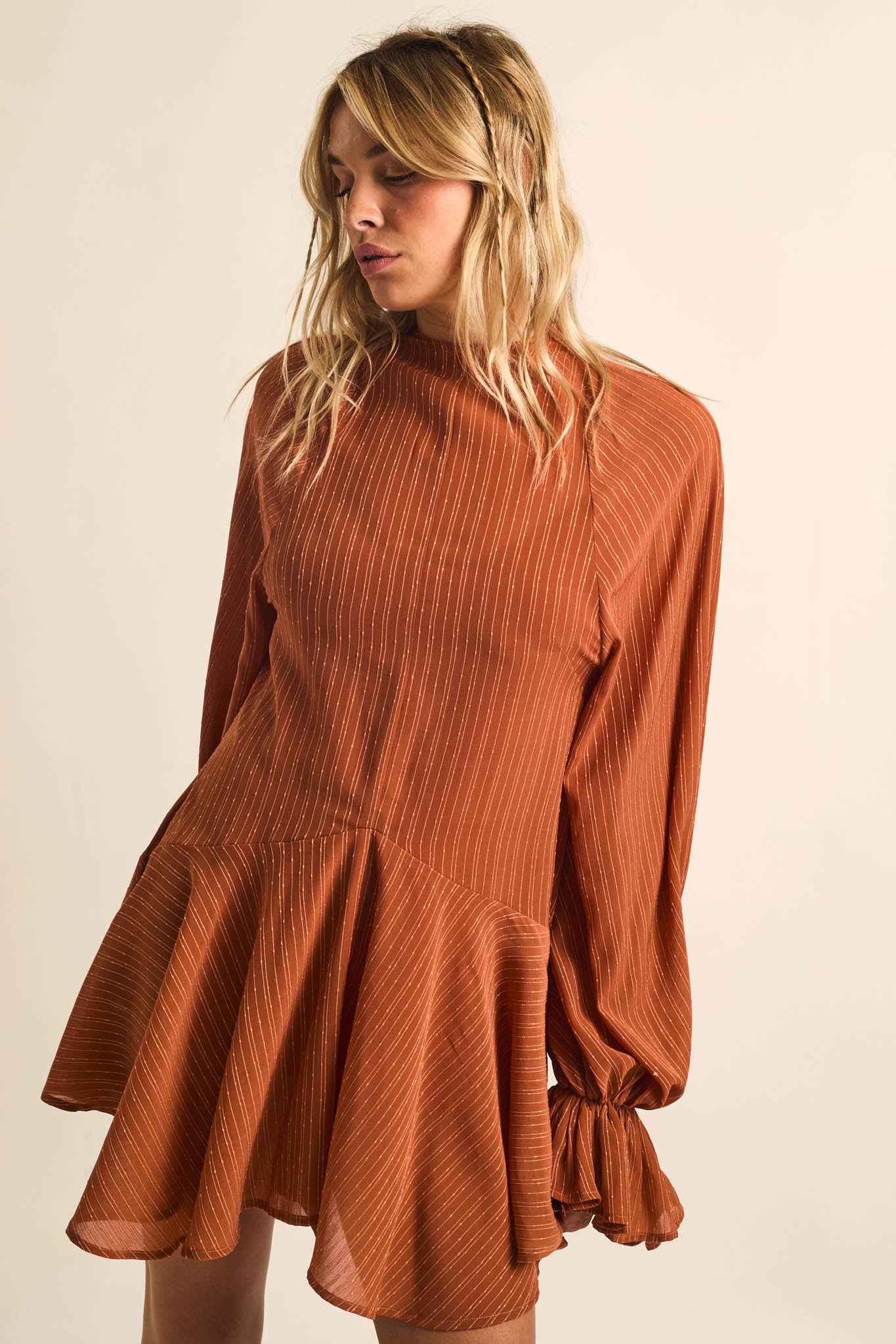 At Last Striped Chiffon Bishop-Sleeve Layered Mini Dress - ShopPromesa